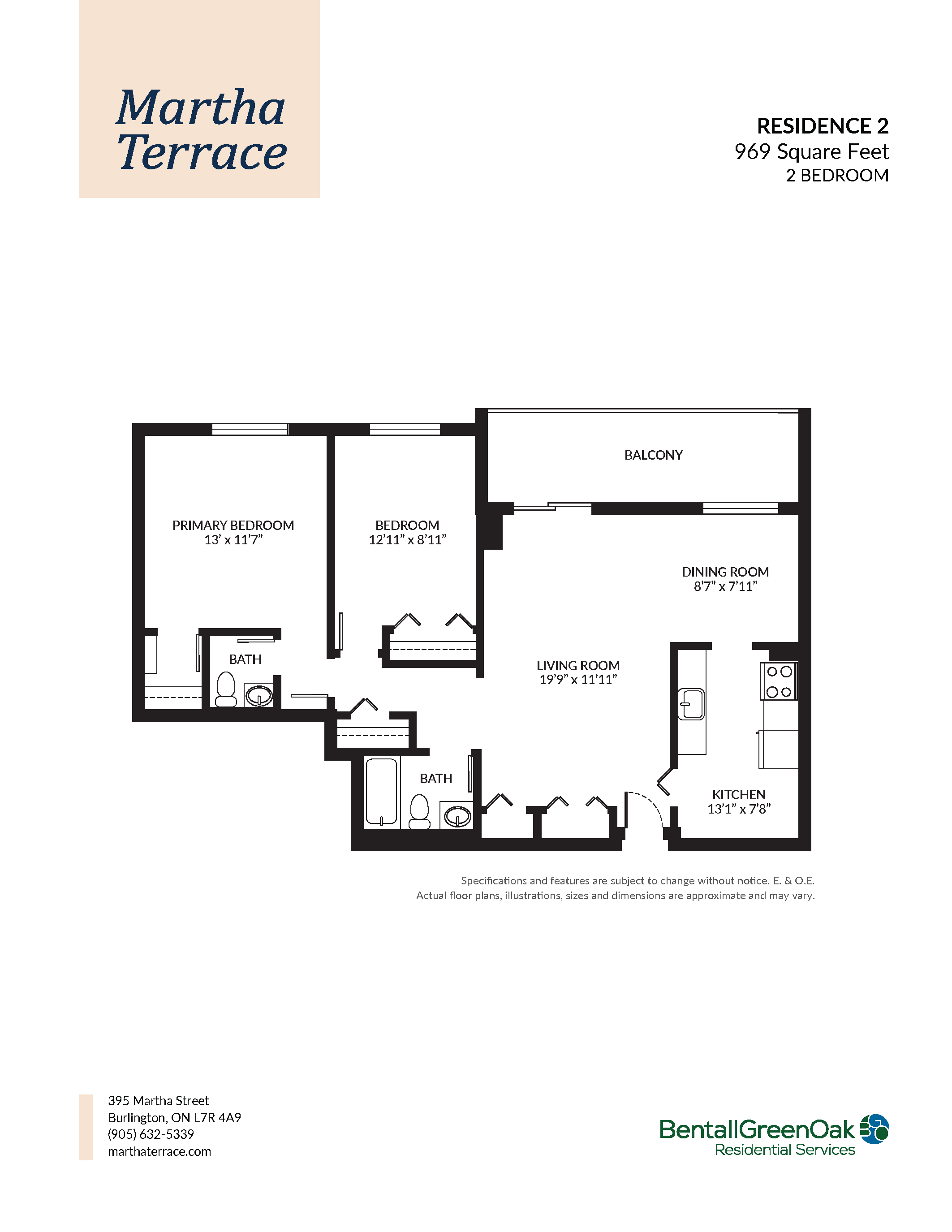 Floor plan for 2 beds, 2 baths, 969 sqft